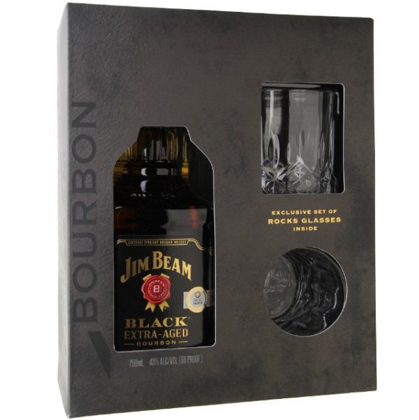 Jim Beam Black Kentucky Bourbon Gift Set With 2 Rocks Glasses 750ml